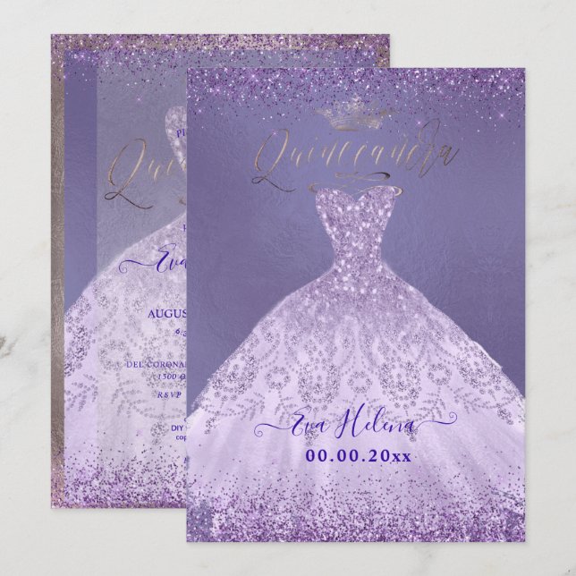 Convite Quinceañera, Princesa Dusty Roxo Glitter (Frente/Verso)