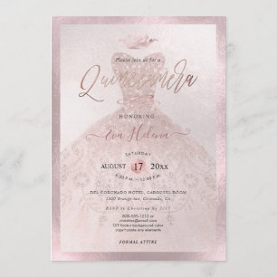 Convite Quinceañera, Princesa Faux Rosa Dourada Tiara+Gow