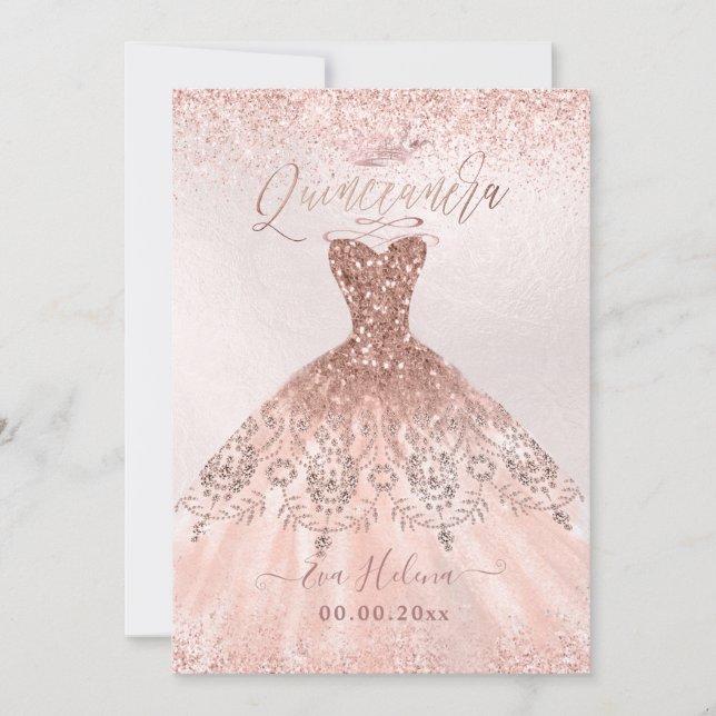 Convite Quinceañera, Princesa Faux Rosa Dourada Tiara+Gown (Frente)