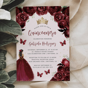 Convite Quinceañera Princesa Floral Aquarela Borgonha