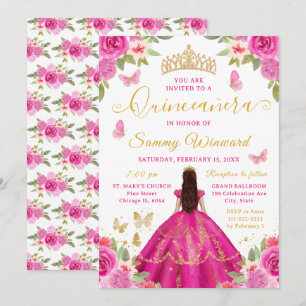 Convite Quinceañera Princesa Floral Rosa Neon Tiara Dourad