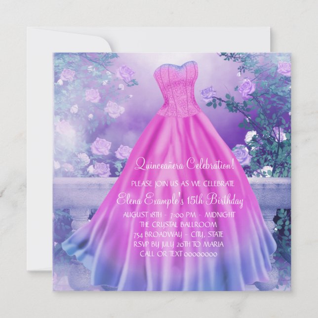 Convite Quinceañera Princesa Floral Rosa Roxa (Frente)