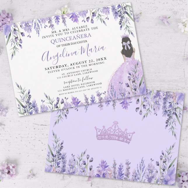 Convite Quinceañera Princesa Floral Roxa (Quinceañera Lilac Purple Floral Princess Invitation )