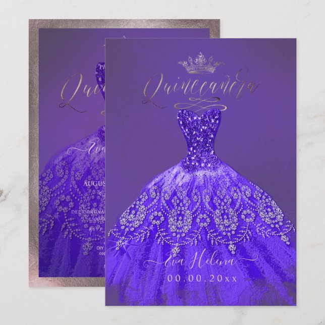 Convite Quinceañera, Princesa Glitter Violet Gown (Frente/Verso)