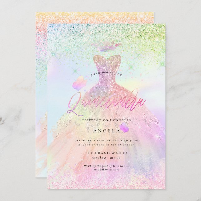 Convite Quinceanera Princesa Holográfica+Borboletas (Frente/Verso)