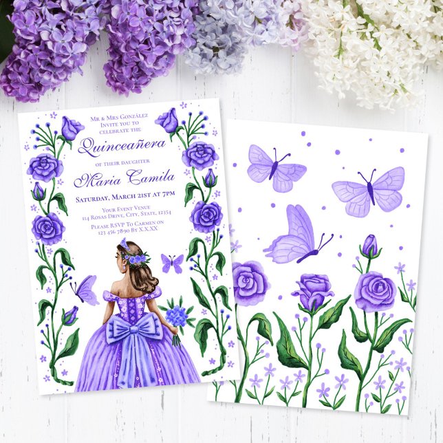 Convite Quinceanera Princesa Rosa Borboleta Lilás Roxo (Quinceanera Princess Roses Butterfly Lilac Purple Invitation)
