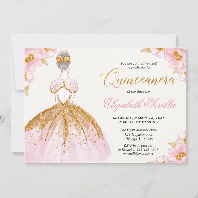 Convite Quinceanera, princesa-rosa-esbranquiçada (Frente)