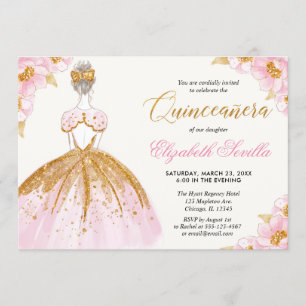 Convite Quinceanera, princesa-rosa-esbranquiçada