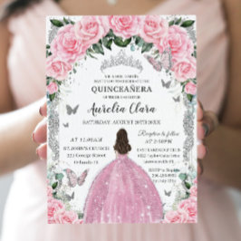 Convite Quinceañera Princesa Rosa Vintage Floral Silver