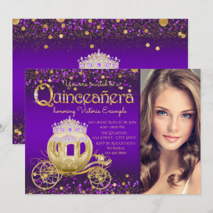 Convite Quinceanera princesa roxa e Dourada