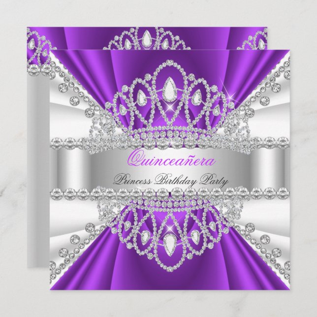 Convite Quinceanera Princesa Roxo Diamante Branco Tiara (Frente/Verso)
