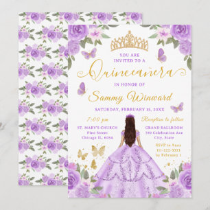 Convite Quinceañera Princesa Roxo Floral Tiara Dourada