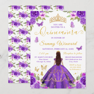 Convite Quinceañera Princesa Roxo Floral Tiara Dourada