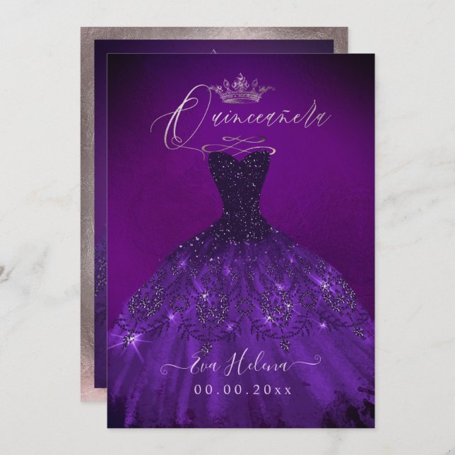 Convite Quinceañera, Princesa Sparkle Gown EggPlant (Frente/Verso)