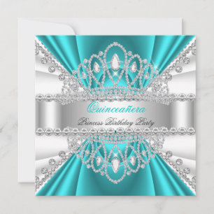 Convite Quinceanera Princesa Tiara Azul Turquesa Branco Di