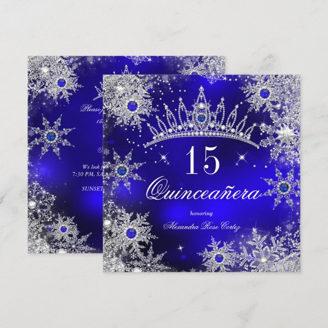 Convite Quinceanera Princesa Tiara de Floco de Neve Azul R (Frente/Verso)