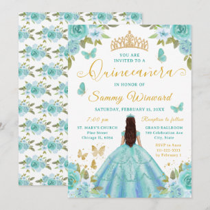 Convite Quinceañera Princesa Turquesa Floral Tiara Dourada