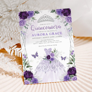 Convite Quinceañera Princesa Vestida Prata Roxa Floral