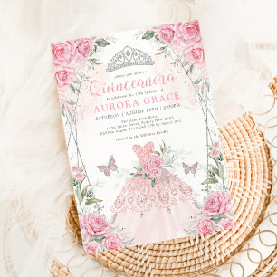 Convite Quinceañera Princesa Vestido Rosa Prata Floral