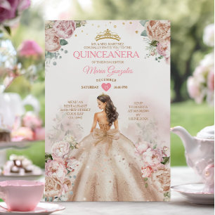 Convite Quinceañera Princess Champagne e Blush Pink