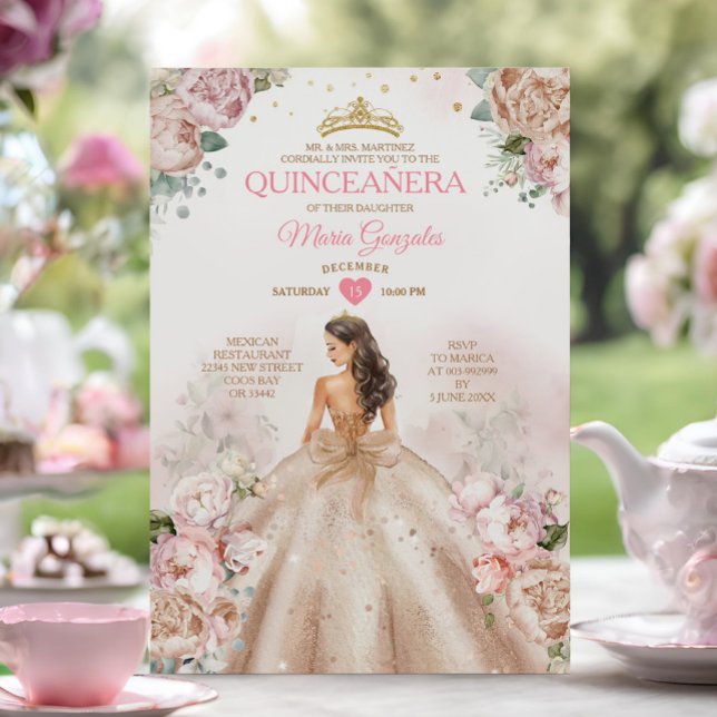 Convite Quinceañera Princess Champagne e Blush Pink (Criador carregado)