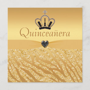 Convite Quinceanera Princess Crown, Heart & Zebra Glitter