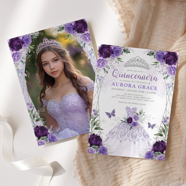 Convite Quinceañera Princess Dress Lavanda Foto Silver (Criador carregado)