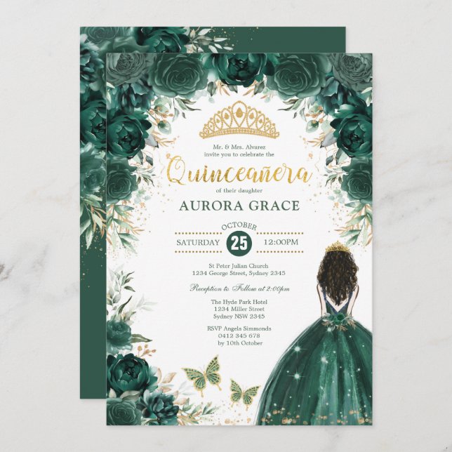 Convite Quinceañera Princess Emerald Green Floral Birthday (Frente/Verso)