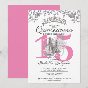 Convite Quinceanera Princess Pink Silver 15 Aniversário