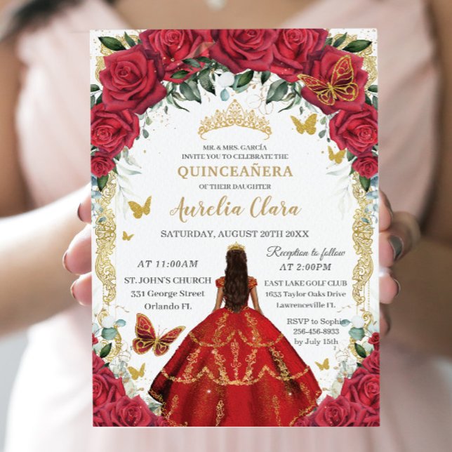 Convite Quinceañera Princess Rosas vermelhas Floral Vintag (Criador carregado)