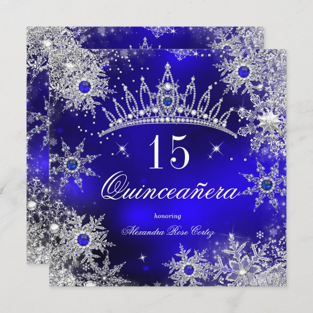 Convite Quinceanera Princess Royal Blue Snowflake Tiara (Frente/Verso)