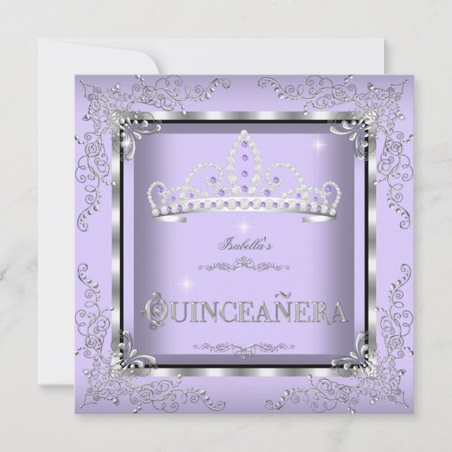 Convite Quinceanera Puro Lavanda Prata Diamante Tiara 4 (Frente)