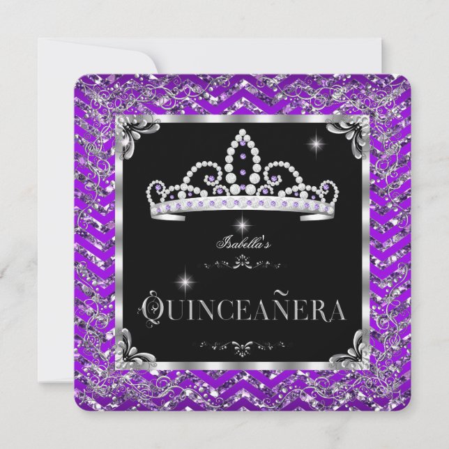 Convite Quinceanera Puro Prata Negra Diamante Tiara (Frente)