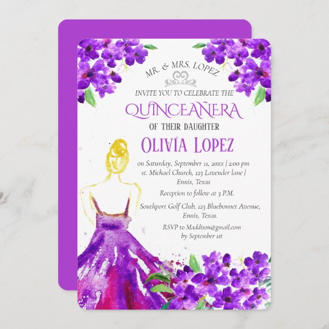 Convite Quinceañera Purple 15 Floral Birthday (Frente/Verso)