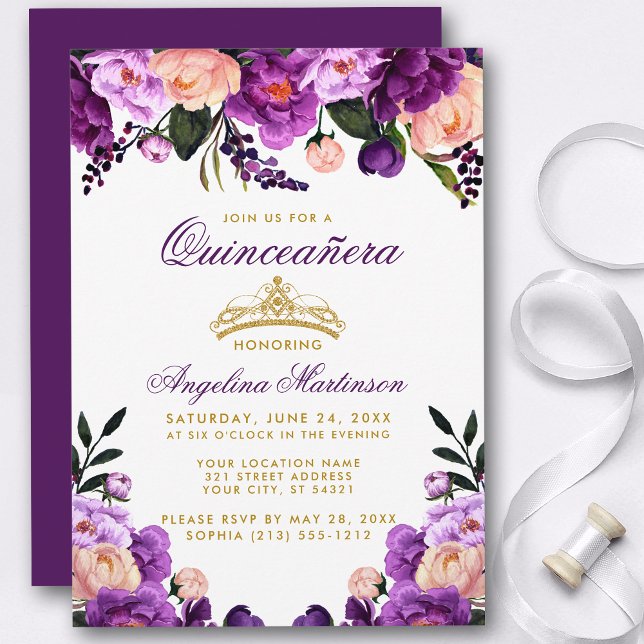 Convite Quinceanera Purple Coroa Dourada Floral (Customize to change text color, style, add text & photos to back or change color of back of card.)
