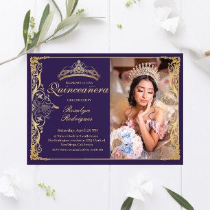 Convite Quinceanera Purple Dourada Quinceanera com fotogra