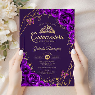 Convite Quinceanera Purple Dourado Floral