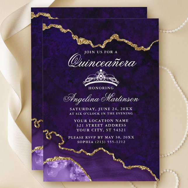 Convite Quinceanera Purple Dourado Marble Agate Geode (Customize to add text or photos to back of card.)
