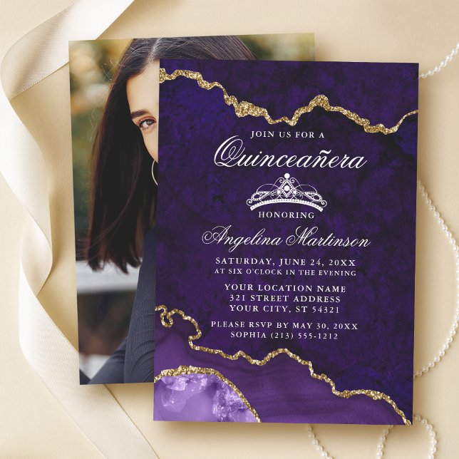 Convite Quinceanera Purple Dourado Marble Agate Geode Foto (Customize to change text size or text style.)