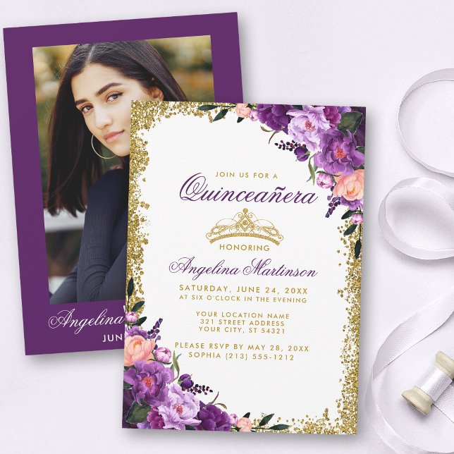 Convite Quinceanera Purple Floral Dourada Crown Foto (Customize to change text color, style or to change color of back of card.)
