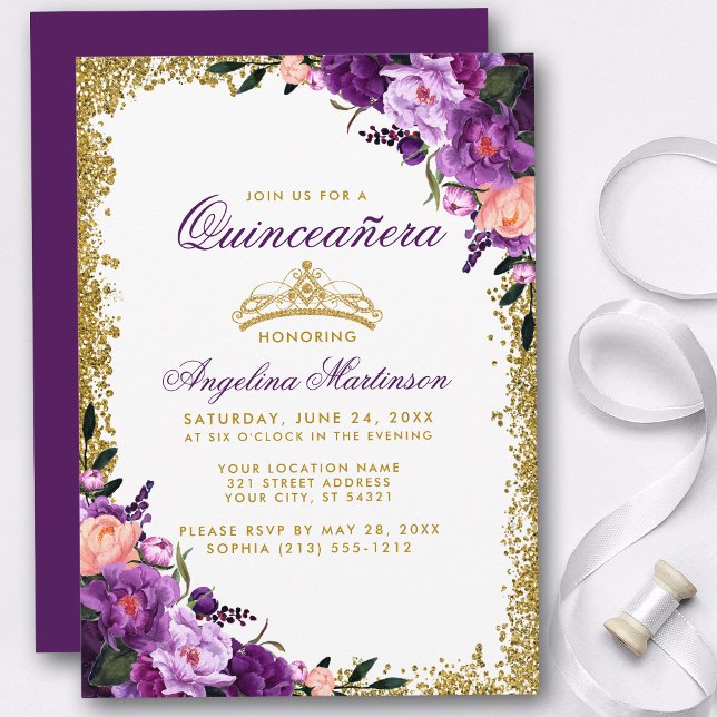 Convite Quinceanera Purple Floral Dourada Glitter (Customize to change text color, style, add text & photos to back or change color of back of card.)