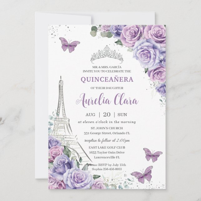 Convite Quinceañera Purple Floral Paris Eiffel Borboletas (Frente)