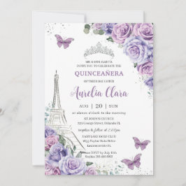 Convite Quinceañera Purple Floral Paris Eiffel Borboletas
