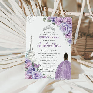 Convite Quinceañera Purple Floral Paris Eiffel Brown Girl