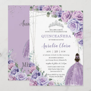 Convite Quinceañera Purple Floral Princesa Silver Anivers