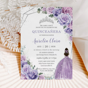 Convite Quinceañera Purple Floral Princesa Silver Anivers