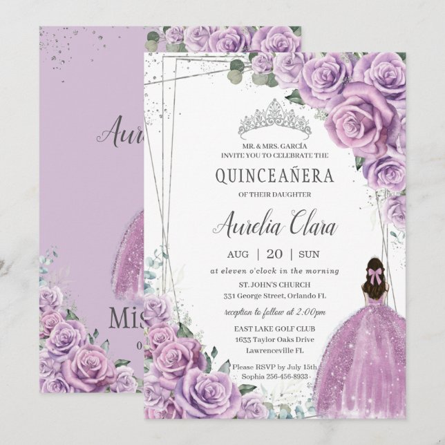Convite Quinceañera Purple Floral Princesa Silver Aniversá (Frente/Verso)
