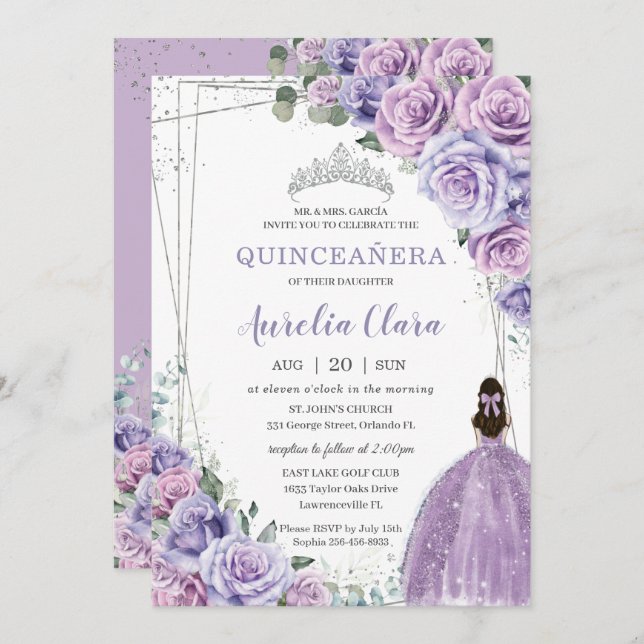 Convite Quinceañera Purple Floral Princesa Silver Aniversá (Frente/Verso)