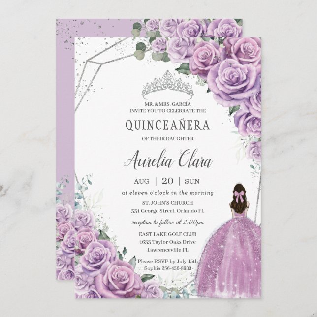 Convite Quinceañera Purple Floral Princesa Silver Aniversá (Frente/Verso)