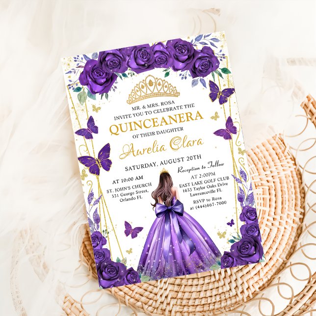 Convite Quinceañera Purple Floral Princess Butflies (Criador carregado)